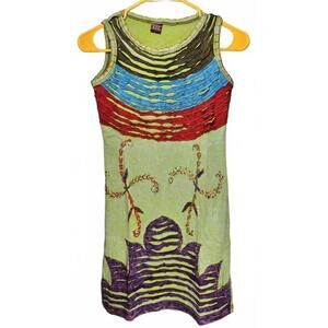 K.P.C. Handmade Embroidered Colorful Stonewashed Lime Green Dress Medium